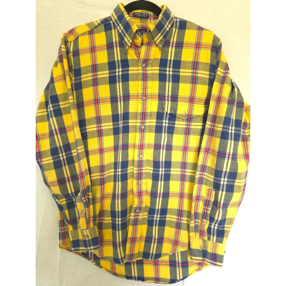 Gant Men's Cambridge Flannel Shirt M Yellow & Blue Plaid 100% Cotton Made In Sri